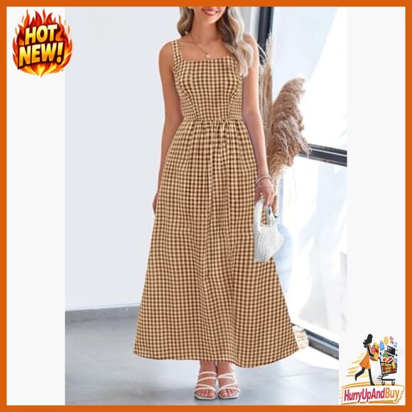 Plaid Square Neck Maxi Dress Spaghetti Strap A-Line Casual Beach Vacation - Picture 3 of 7